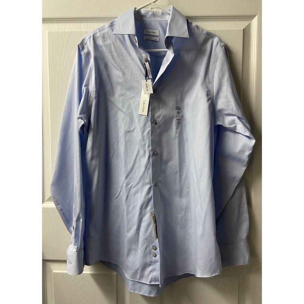 Calvin Klein Long Sleeve Dress Shirt Mens Fitted 15 34/35 Blue Regular Fit tag